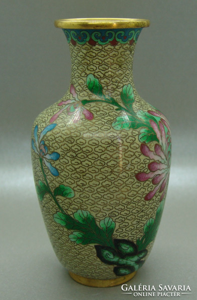 B399 Kínai zománcos váza , rekesz zománc cloisonné váza - meseszép gyűjtői darab!