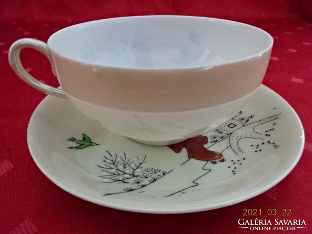 Japanese porcelain, eggshell thin, hand-painted teacup + placemat. He has!