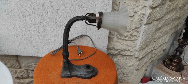 Table lamp in art nouveau style, tin-alloy works. With frilled cover