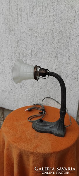 Table lamp in art nouveau style, tin-alloy works. With frilled cover
