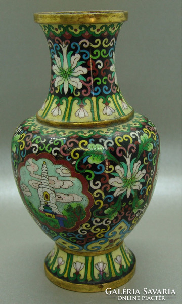 B398 Kínai zománcos váza , rekesz zománc cloisonné váza - meseszép gyűjtői darab!