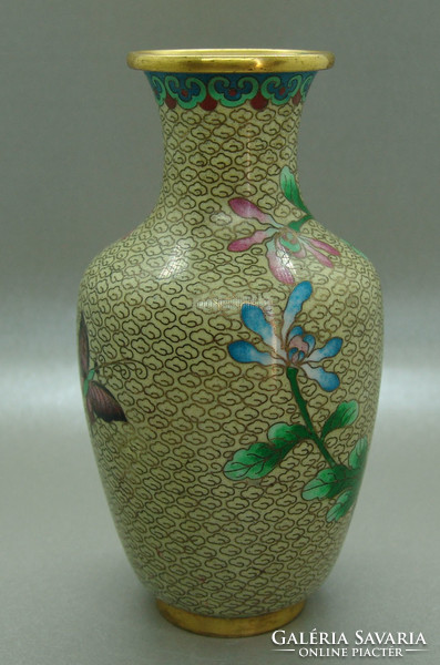 B399 Kínai zománcos váza , rekesz zománc cloisonné váza - meseszép gyűjtői darab!