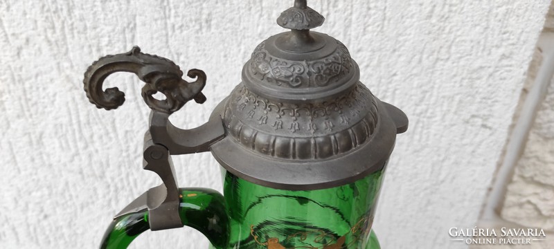 Antik karaffa,Csodàlatos zöld üveg  kancsó, kupa korsó ,fedeles madaras jcsodàlatos,
