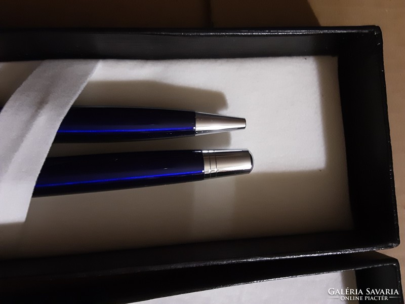 Royal blue ballpoint pen and fountain pen set in decorative black box, imposing gift