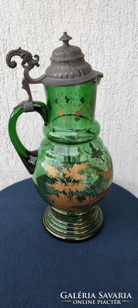 Antik karaffa,Csodàlatos zöld üveg  kancsó, kupa korsó ,fedeles madaras jcsodàlatos,