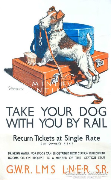 Vintage utazási reklám plakát reprint nyomat kutya foxi foxterrier póráz vonat jegy bőrönd poggyász