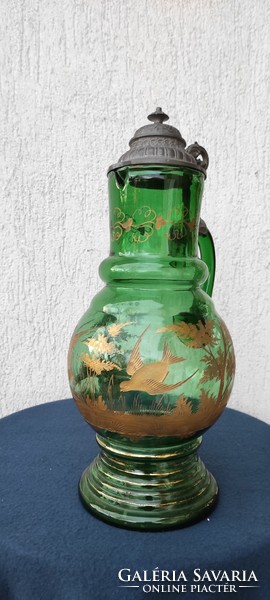 Antik karaffa,Csodàlatos zöld üveg  kancsó, kupa korsó ,fedeles madaras jcsodàlatos,