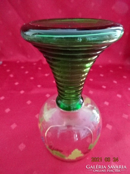 Színes mintájú - szőlőfürtös -  üveg borospohár, zöld talpas, magassága 15,5 cm. Vanneki!
