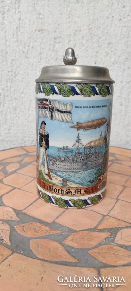German porcelain pitcher cup Krigli tin cap, militaria theme, submarine, military zeppelin airship