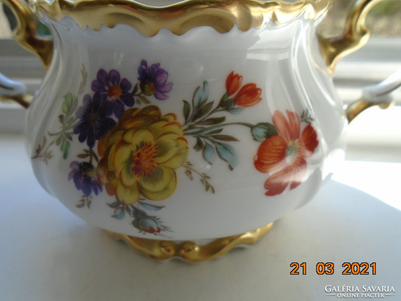 1940 Maria Theresia sugar bowl with unique hand-painted Meissen floral designs, opulent gilding