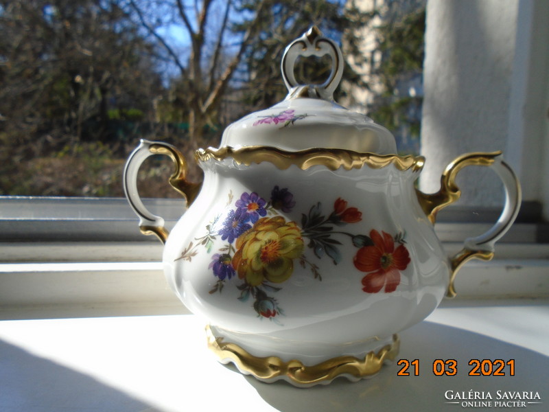 1940 Maria Theresia sugar bowl with unique hand-painted Meissen floral designs, opulent gilding