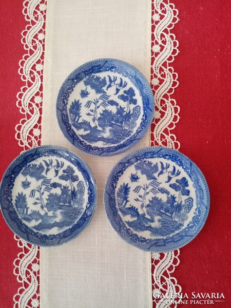 Oriental / Chinese blue white eggshell porcelain tea cup base 3 pcs - willow pattern / willow bird