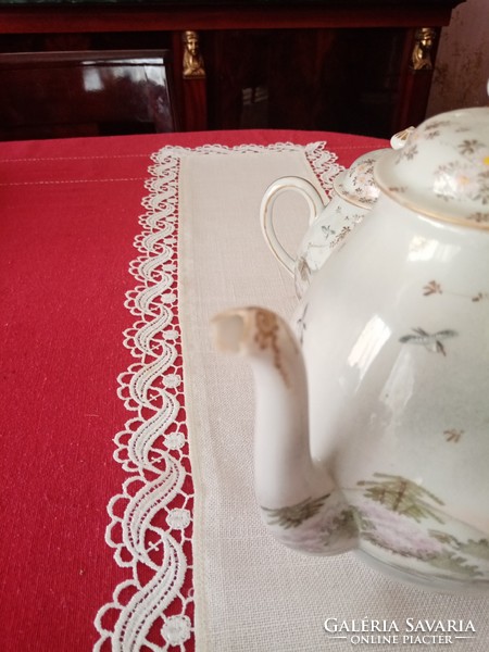 Antique Japanese eggshell porcelain: tea / coffee pot, sugar bowl, cup coaster - cherry blossom