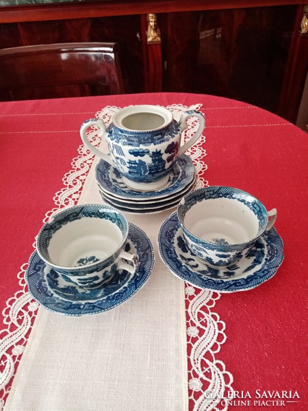 Kék fehér kobaltkék angol porcelán teás kávés csésze, csészealj , cukortartó  Willow - fűzike  10 db
