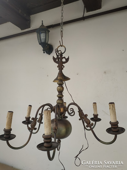 Antique 6 Arm Patinated Copper Flemish Chandelier + 6 New Decorative Candles and 6 New Light Bulbs 4134