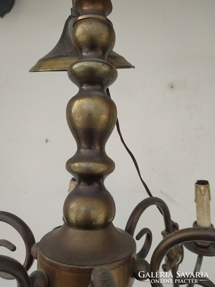 Antique 6 Arm Patinated Copper Flemish Chandelier + 6 New Decorative Candles and 6 New Light Bulbs 4134