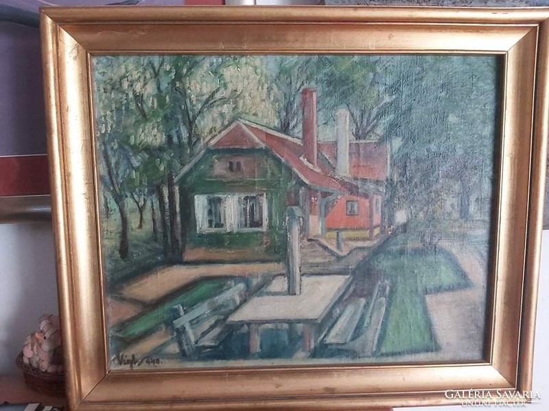 VÍGH: Padok a ház előtt, 1948 (olaj, vászon 40x50 cm) XX. század közepe utcakép, város falu ermészet