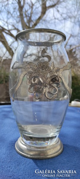 Beautiful ornate glass, crystal, marked tin base glass vase with flower pattern! Gift idea!