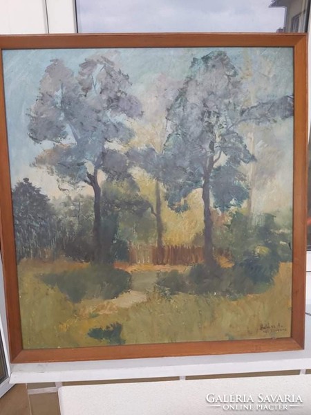 Halász A.: Ráckeve '72 (olaj, farost 59x57 cm) két fa a nyári napsütésben, természeti tájkép
