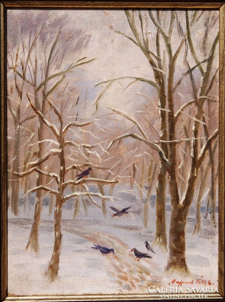 Bajnai Tóth Lajos (1887-1964): Téli erdő madarakkal - olaj-vászon festmény, keretezve