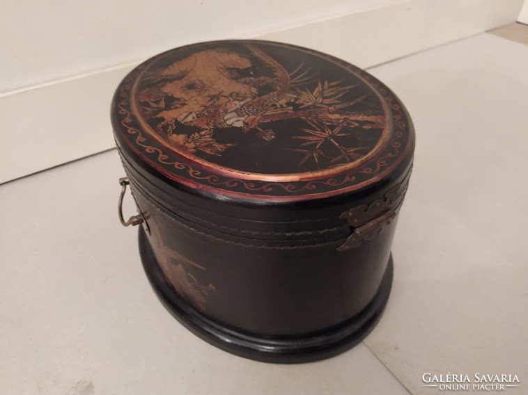 Antik kínai festett ékszeres dobozka fekete lakk fiókos tükrös doboz kis pipere szekrény