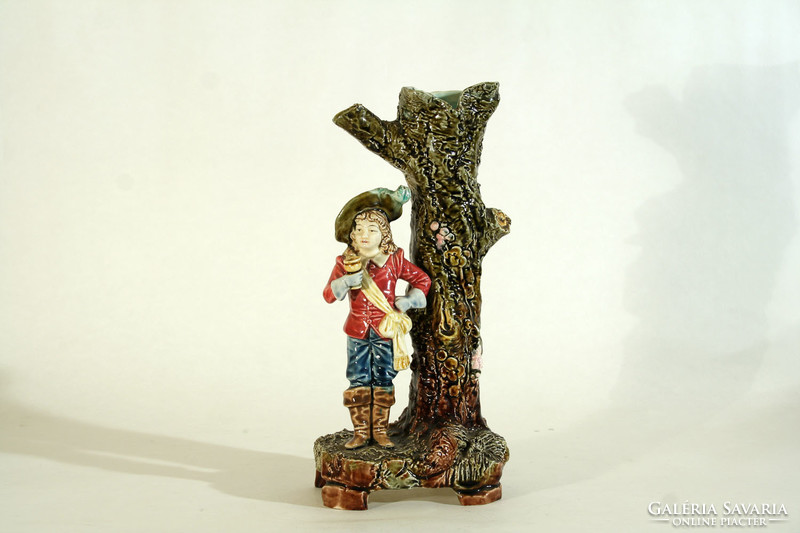 English majolica tree trunk vase with figure 30x14.5x10cm hatted man with cup faience