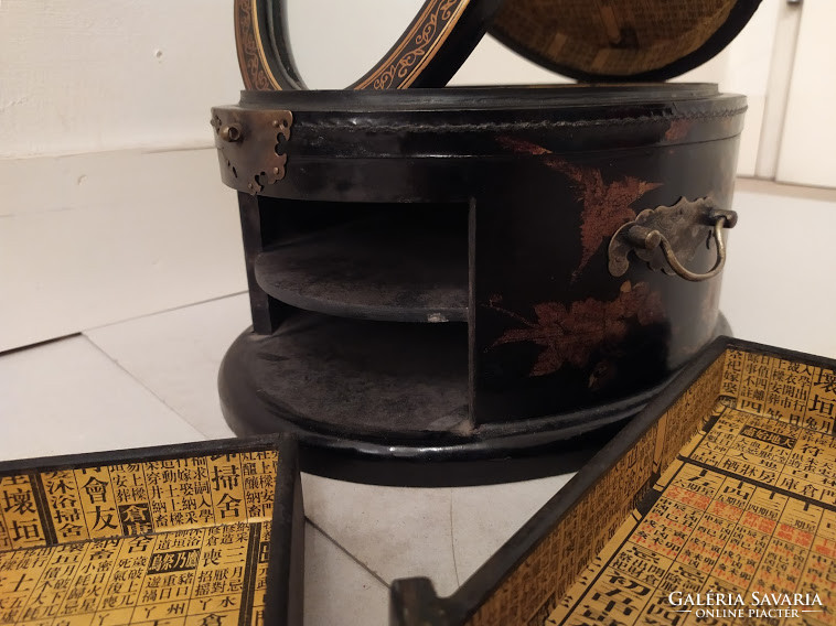 Antique Chinese painted jewelry box, black lacquer, mirrored box with drawer, small toilet cabinet