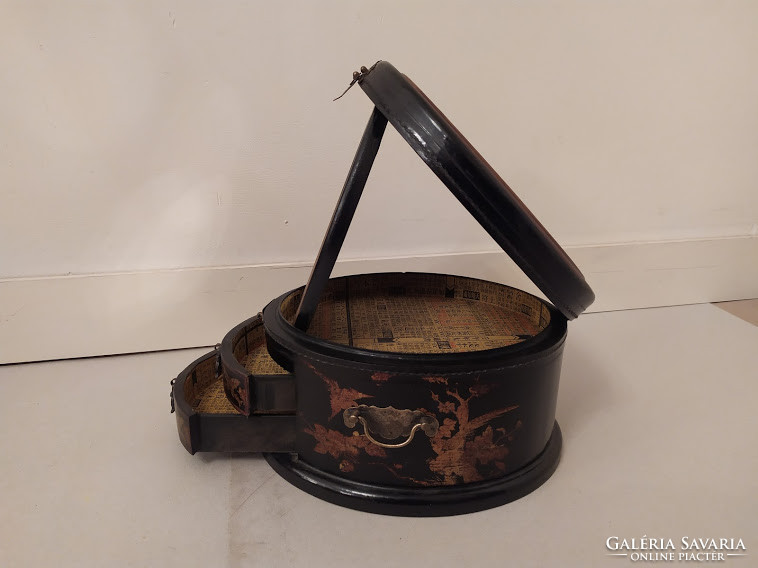 Antique Chinese painted jewelry box, black lacquer, mirrored box with drawer, small toilet cabinet