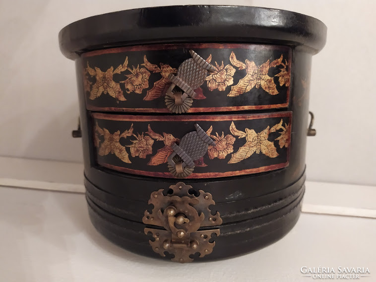 Antik kínai festett ékszeres dobozka fekete lakk fiókos tükrös doboz kis pipere szekrény