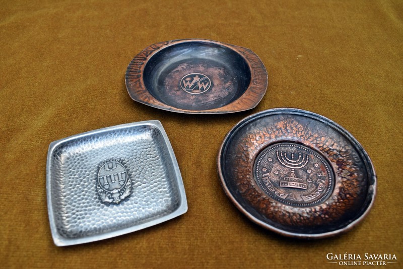 Copper ornament metal bowl, souvenir, ornament Sopron coat of arms, Israel menorah, waw 3 pieces