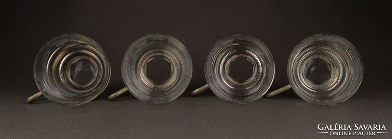 1D660 Régi csiszoltüveg betétes fém pohártartó készlet 4 darab