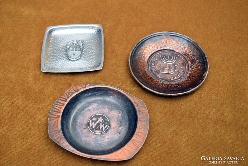 Copper ornament metal bowl, souvenir, ornament Sopron coat of arms, Israel menorah, waw 3 pieces