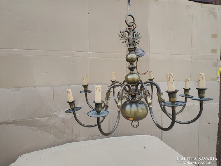 Antique 8 Arm Patinated Copper Flemish Chandelier + 8 New Decorative Candles and 8 Candle Bulbs 4145