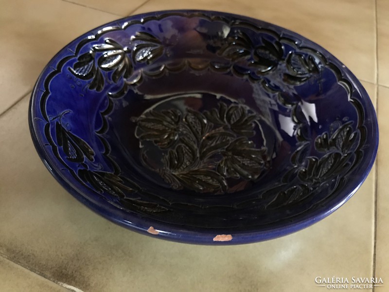 Kék fekete kerámia fali tányér dísz tál mélytányér jelzett falidísz