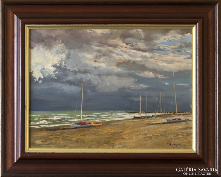 Zoltán Hornyik - stormy sea c. Oil painting of the work, with certification!