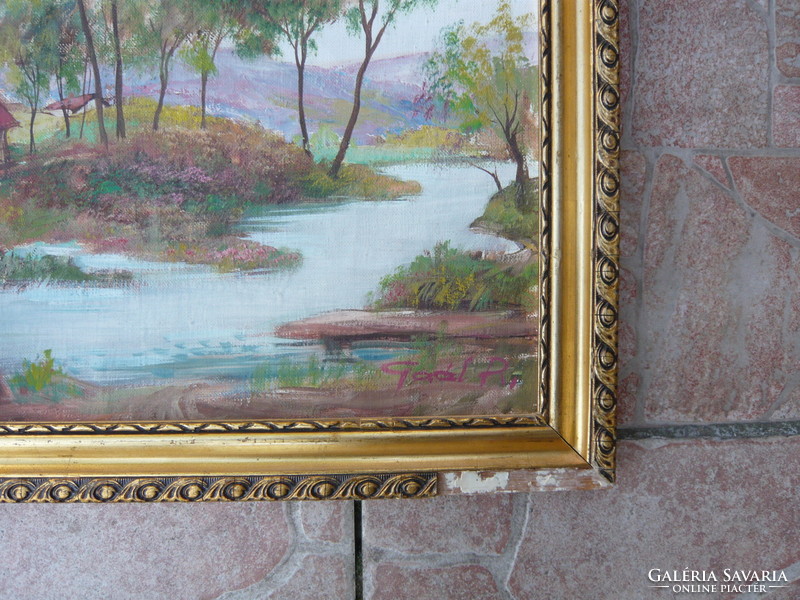 Oil painting, farm on the bank of the stream