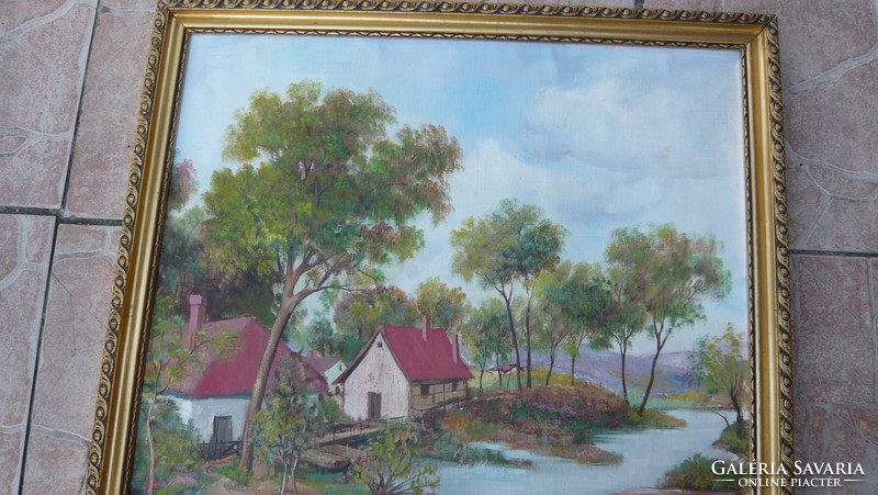 Oil painting, farm on the bank of the stream