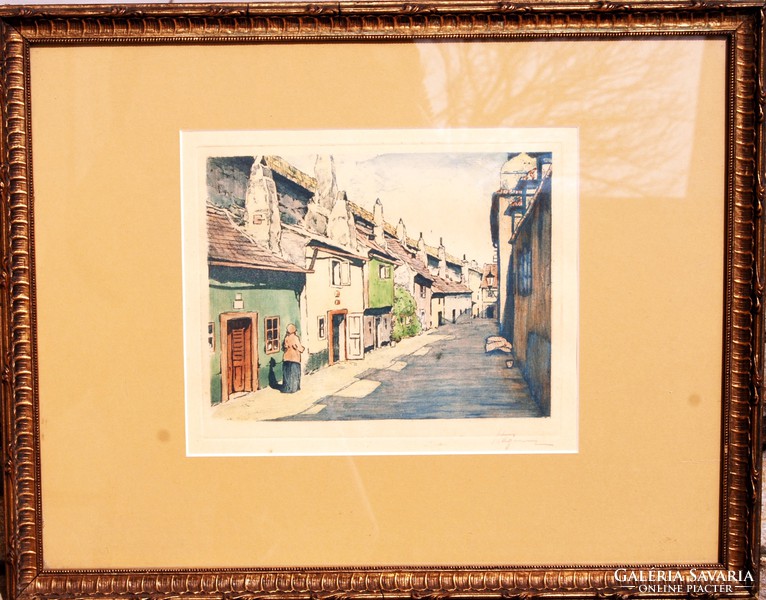 Goldsmiths Street (zlatá ulicka) in Prague - colored etching in antique frame