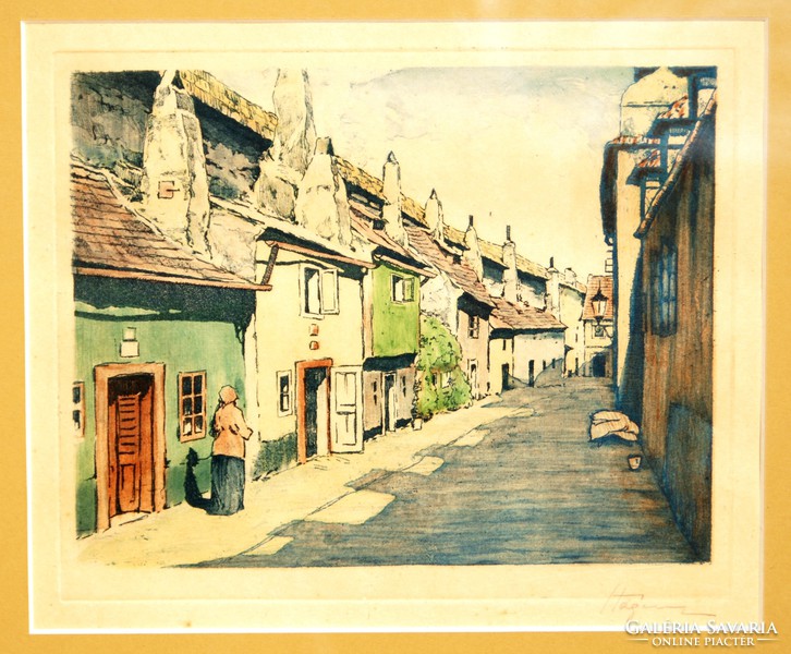Goldsmiths Street (zlatá ulicka) in Prague - colored etching in antique frame