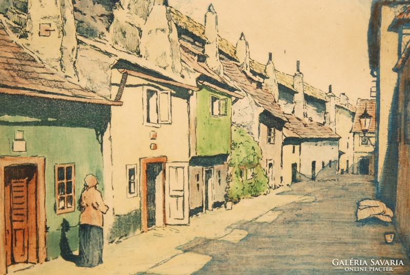 Goldsmiths Street (zlatá ulicka) in Prague - colored etching in antique frame
