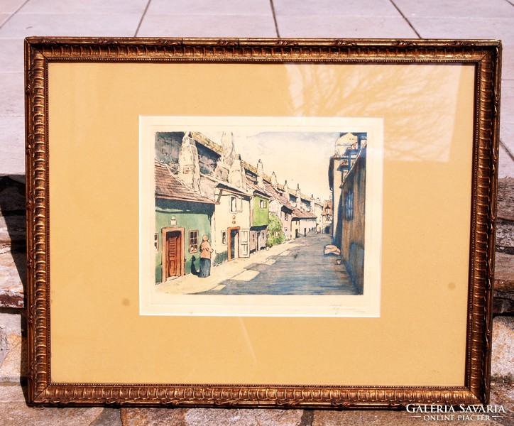 Goldsmiths Street (zlatá ulicka) in Prague - colored etching in antique frame