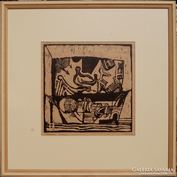 István Sinkó (1951): Charon's ship - linoleum engraving, framed