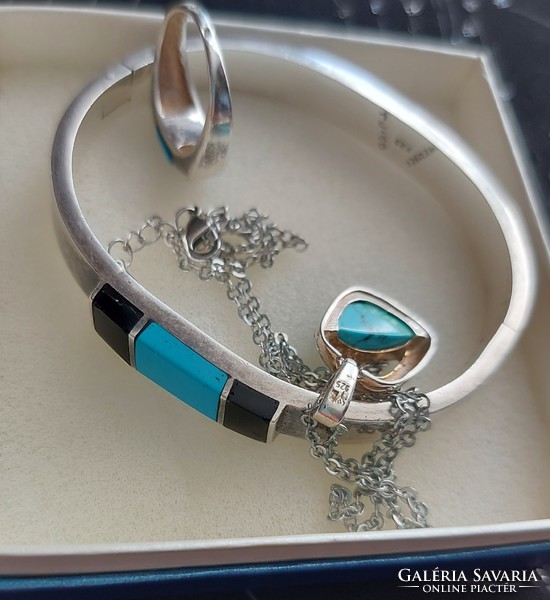Antique silver set, bracelet, necklace with pendant, ring with turquoise and onyx, marked, flawless
