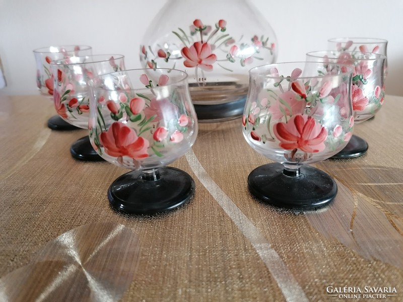Old liqueur set of 6 + 1 painted glass