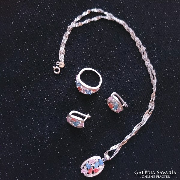 Silver jewelry set with unique, special, colored polished stones, original, marked, imposing gift