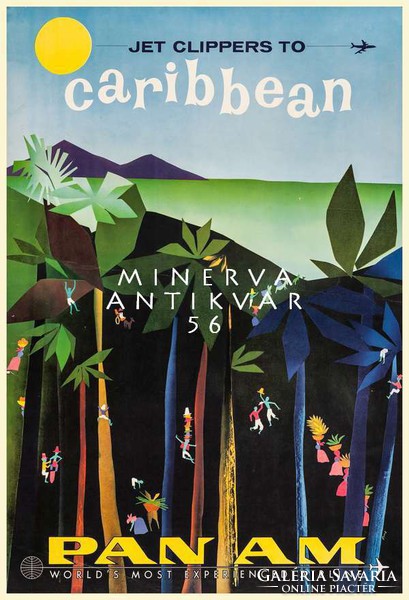Retro utazási reklám Karib szigetek pálmafa őserdő dzsungel színes emberkék Vintage plakát reprint