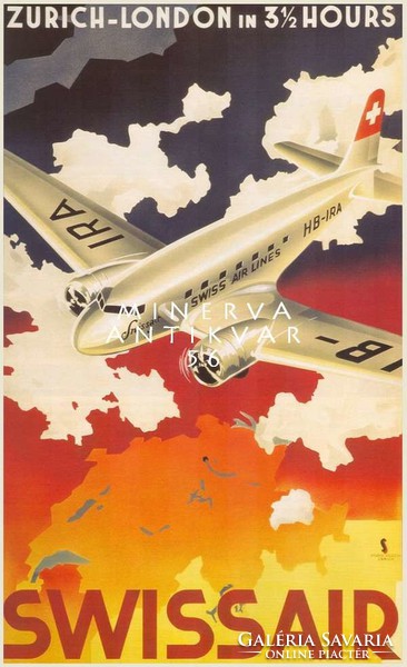 Vintage utazási hirdetés légitársaság reklám plakát reprint nyomat repülő Swissair felhők ég