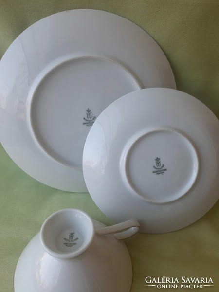 German porcelain, bavaria green flower, plate, cup, breakfast set (3 pcs)