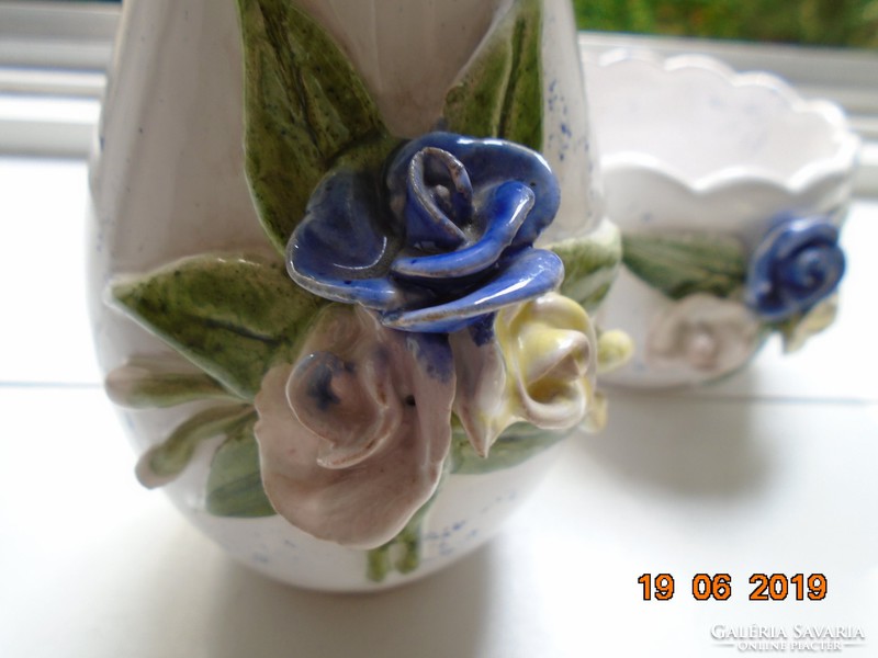 Ceramic vase and bowl with plastic hand-made roses