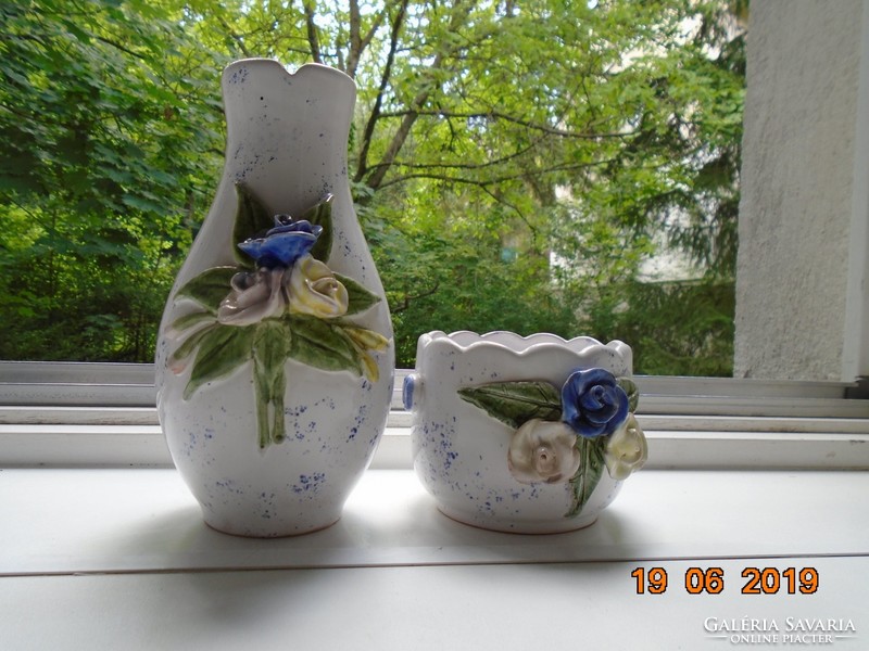 Ceramic vase and bowl with plastic hand-made roses